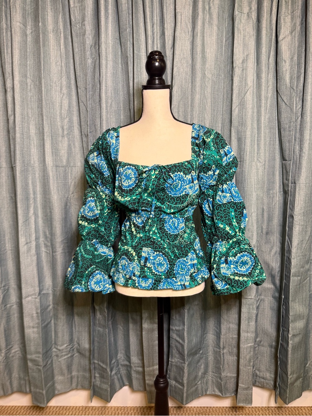 Anthropologie Green and Blue Elephant Floral Peasant Blouse
